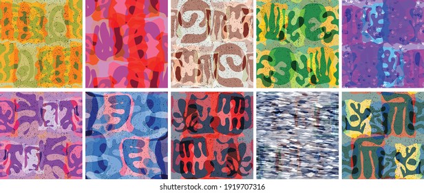 Vector seamless pattern set. Organic Matisse shapes. Natural earthy color floral underwater life. Abstract seaweed camouflage background. Trendy floating wavy geometry. Random layered hand drawn art.