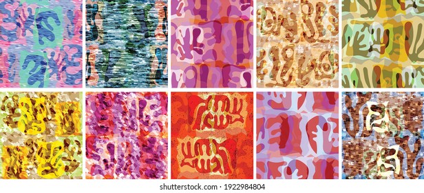 Vector seamless pattern set. Organic Matisse shapes. Natural earthy color floral underwater life. Abstract seaweed camouflage background. Trendy floating wavy geometry. Random layered hand drawn art.