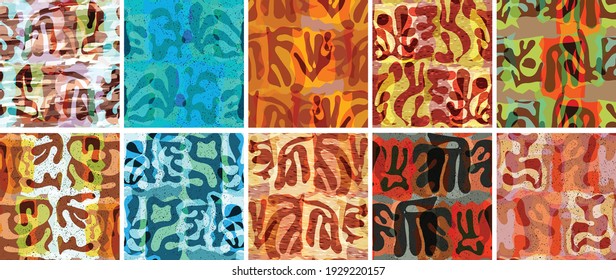Vector seamless pattern set. Organic Matisse shapes. Natural earthy color floral underwater life. Abstract seaweed camouflage background. Trendy floating wavy geometry. Random layered hand drawn art.