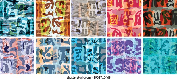Vector seamless pattern set. Organic Matisse shapes. Natural earthy color floral underwater life. Abstract seaweed camouflage background. Trendy floating wavy geometry. Random layered hand drawn art.