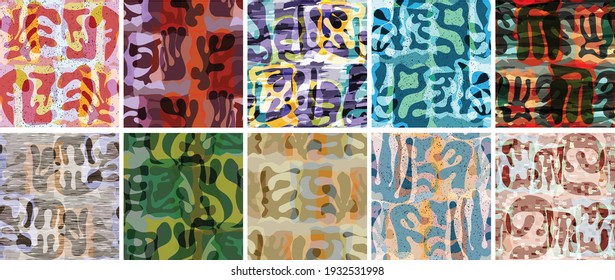 Vector seamless pattern set. Organic Matisse shapes. Natural earthy color floral underwater life. Abstract seaweed camouflage background. Trendy floating wavy geometry. Random layered hand drawn art.