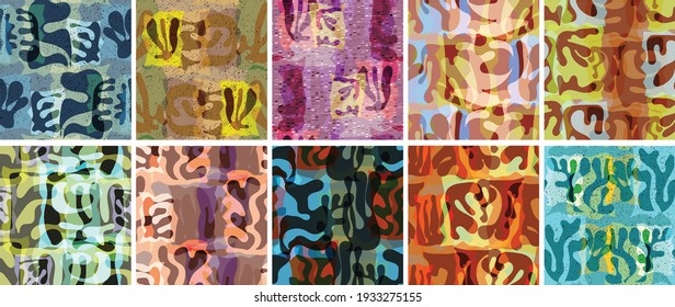 Vector seamless pattern set. Organic Matisse shapes. Natural earthy color floral underwater life. Abstract seaweed camouflage background. Trendy floating wavy geometry. Random layered hand drawn art.