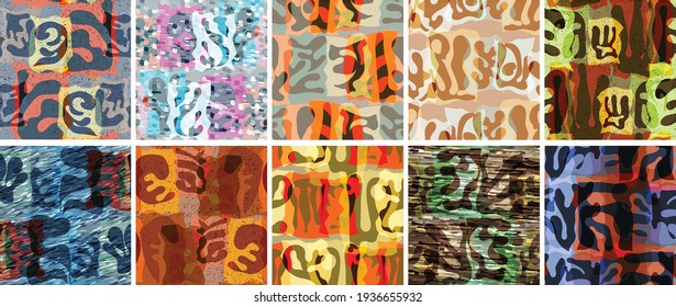 Vector seamless pattern set. Organic Matisse shapes. Natural earthy color floral underwater life. Abstract seaweed camouflage background. Trendy floating wavy geometry. Random layered hand drawn art.