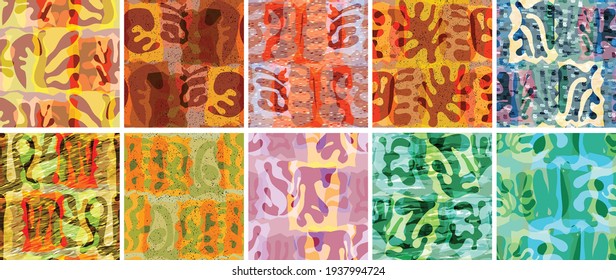 Vector seamless pattern set. Organic Matisse shapes. Natural earthy color floral underwater life. Abstract seaweed camouflage background. Trendy floating wavy geometry. Random layered hand drawn art.
