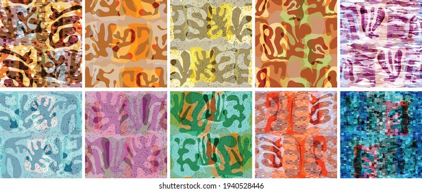 Vector seamless pattern set. Organic Matisse shapes. Natural earthy color floral underwater life. Abstract seaweed camouflage background. Trendy floating wavy geometry. Random layered hand drawn art.