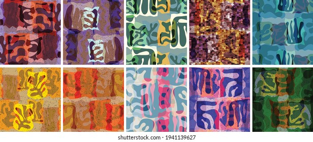 Vector seamless pattern set. Organic Matisse shapes. Natural earthy color floral underwater life. Abstract seaweed camouflage background. Trendy floating wavy geometry. Random layered hand drawn art.
