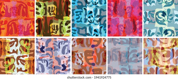 Vector seamless pattern set. Organic Matisse shapes. Natural earthy color floral underwater life. Abstract seaweed camouflage background. Trendy floating wavy geometry. Random layered hand drawn art.