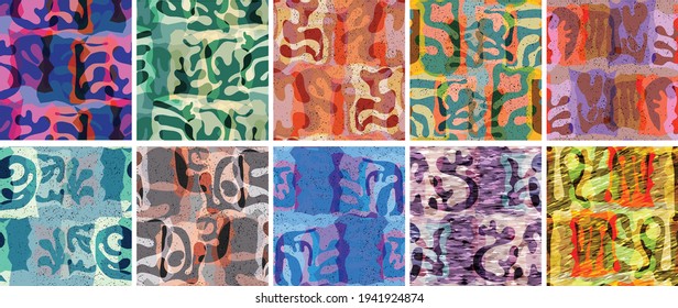 Vector seamless pattern set. Organic Matisse shapes. Natural earthy color floral underwater life. Abstract seaweed camouflage background. Trendy floating wavy geometry. Random layered hand drawn art.