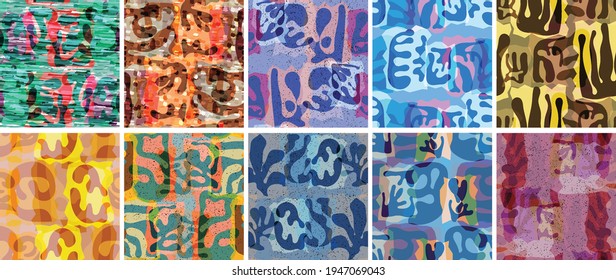 Vector seamless pattern set. Organic Matisse shapes. Natural earthy color floral underwater life. Abstract seaweed camouflage background. Trendy floating wavy geometry. Random layered hand drawn art.