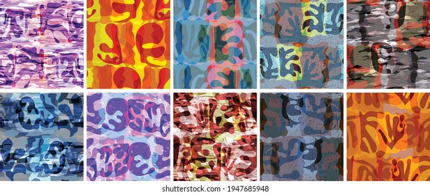 Vector seamless pattern set. Organic Matisse shapes. Natural earthy color floral underwater life. Abstract seaweed camouflage background. Trendy floating wavy geometry. Random layered hand drawn art.