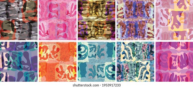 Vector seamless pattern set. Organic Matisse shapes. Natural earthy color floral underwater life. Abstract seaweed camouflage background. Trendy floating wavy geometry. Random layered hand drawn art.
