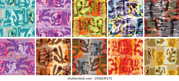 Vector seamless pattern set. Organic Matisse shapes. Natural earthy color floral underwater life. Abstract seaweed camouflage background. Trendy floating wavy geometry. Random layered hand drawn art.