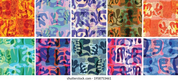 Vector seamless pattern set. Organic Matisse shapes. Natural earthy color floral underwater life. Abstract seaweed camouflage background. Trendy floating wavy geometry. Random layered hand drawn art.