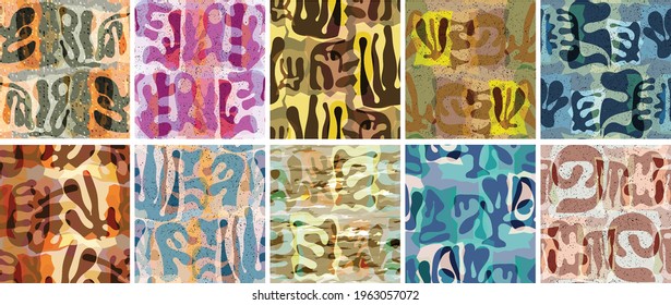 Vector seamless pattern set. Organic Matisse shapes. Natural earthy color floral underwater life. Abstract seaweed camouflage background. Trendy floating wavy geometry. Random layered hand drawn art.