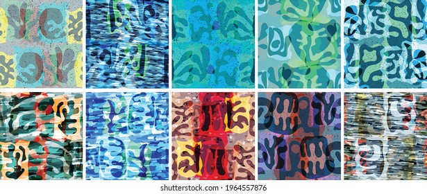 Vector seamless pattern set. Organic Matisse shapes. Natural earthy color floral underwater life. Abstract seaweed camouflage background. Trendy floating wavy geometry. Random layered hand drawn art.
