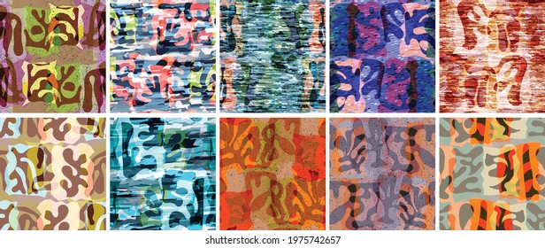 Vector seamless pattern set. Organic Matisse shapes. Natural earthy color floral underwater life. Abstract seaweed camouflage background. Trendy floating wavy geometry. Random layered hand drawn art.