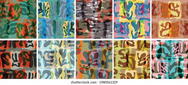 Vector seamless pattern set. Organic Matisse shapes. Natural earthy color floral underwater life. Abstract seaweed camouflage background. Trendy floating wavy geometry. Random layered hand drawn art.