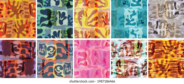 Vector seamless pattern set. Organic Matisse shapes. Natural earthy color floral underwater life. Abstract seaweed camouflage background. Trendy floating wavy geometry. Random layered hand drawn art.