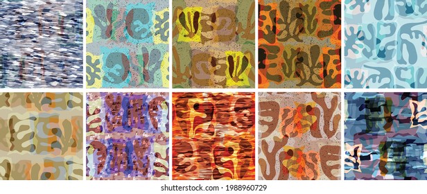 Vector seamless pattern set. Organic Matisse shapes. Natural earthy color floral underwater life. Abstract seaweed camouflage background. Trendy floating wavy geometry. Random layered hand drawn art.
