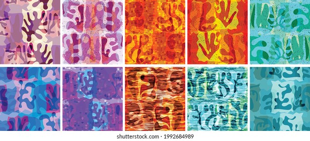 Vector seamless pattern set. Organic Matisse shapes. Natural earthy color floral underwater life. Abstract seaweed camouflage background. Trendy floating wavy geometry. Random layered hand drawn art.