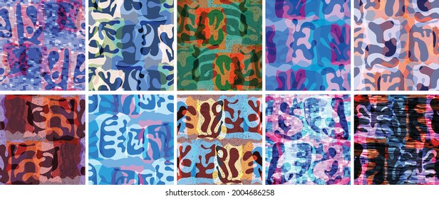 Vector seamless pattern set. Organic Matisse shapes. Natural earthy color floral underwater life. Abstract seaweed camouflage background. Trendy floating wavy geometry. Random layered hand drawn art.
