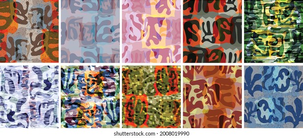 Vector seamless pattern set. Organic Matisse shapes. Natural earthy color floral underwater life. Abstract seaweed camouflage background. Trendy floating wavy geometry. Random layered hand drawn art.