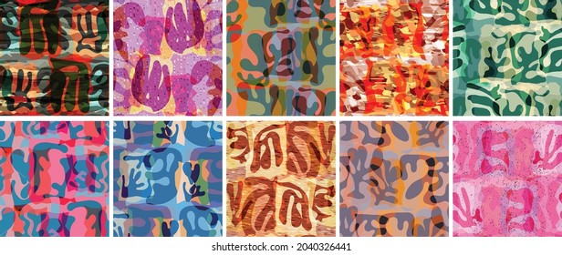 Vector seamless pattern set. Organic Matisse shapes. Natural earthy color floral underwater life. Abstract seaweed camouflage background. Trendy floating wavy geometry. Random layered hand drawn art.