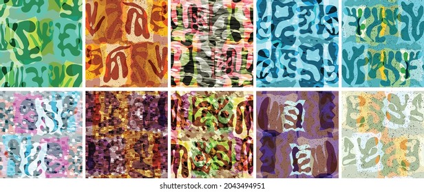 Vector seamless pattern set. Organic Matisse shapes. Natural earthy color floral underwater life. Abstract seaweed camouflage background. Trendy floating wavy geometry. Random layered hand drawn art.