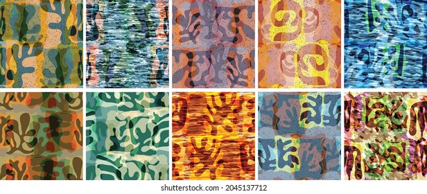 Vector seamless pattern set. Organic Matisse shapes. Natural earthy color floral underwater life. Abstract seaweed camouflage background. Trendy floating wavy geometry. Random layered hand drawn art.
