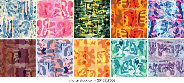Vector seamless pattern set. Organic Matisse shapes. Natural earthy color floral underwater life. Abstract seaweed camouflage background. Trendy floating wavy geometry. Random layered hand drawn art.