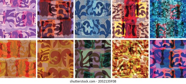 Vector seamless pattern set. Organic Matisse shapes. Natural earthy color floral underwater life. Abstract seaweed camouflage background. Trendy floating wavy geometry. Random layered hand drawn art.