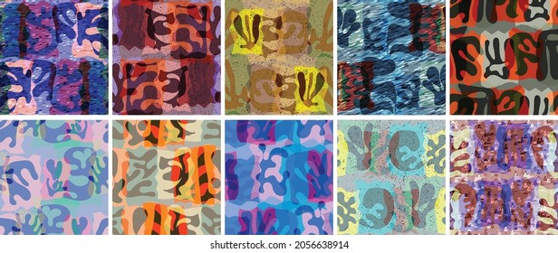Vector seamless pattern set. Organic Matisse shapes. Natural earthy color floral underwater life. Abstract seaweed camouflage background. Trendy floating wavy geometry. Random layered hand drawn art.