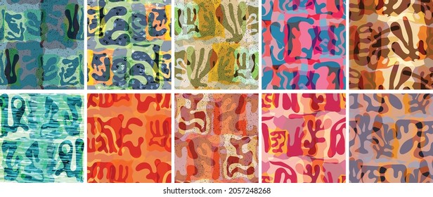 Vector seamless pattern set. Organic Matisse shapes. Natural earthy color floral underwater life. Abstract seaweed camouflage background. Trendy floating wavy geometry. Random layered hand drawn art.