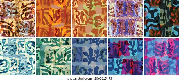 Vector seamless pattern set. Organic Matisse shapes. Natural earthy color floral underwater life. Abstract seaweed camouflage background. Trendy floating wavy geometry. Random layered hand drawn art.