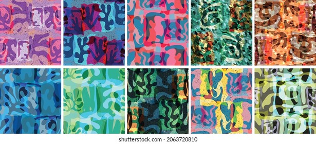 Vector seamless pattern set. Organic Matisse shapes. Natural earthy color floral underwater life. Abstract seaweed camouflage background. Trendy floating wavy geometry. Random layered hand drawn art.