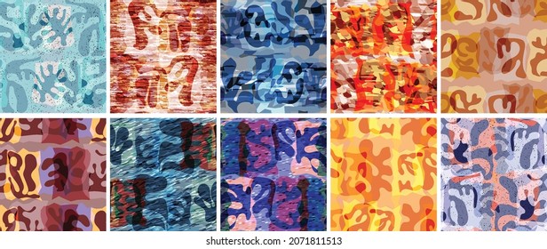 Vector seamless pattern set. Organic Matisse shapes. Natural earthy color floral underwater life. Abstract seaweed camouflage background. Trendy floating wavy geometry. Random layered hand drawn art.