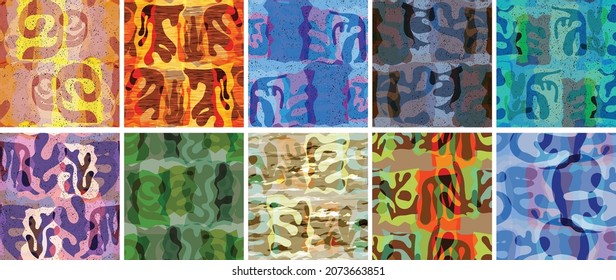 Vector seamless pattern set. Organic Matisse shapes. Natural earthy color floral underwater life. Abstract seaweed camouflage background. Trendy floating wavy geometry. Random layered hand drawn art.