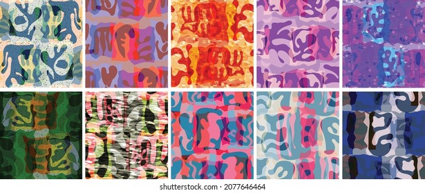 Vector seamless pattern set. Organic Matisse shapes. Natural earthy color floral underwater life. Abstract seaweed camouflage background. Trendy floating wavy geometry. Random layered hand drawn art.