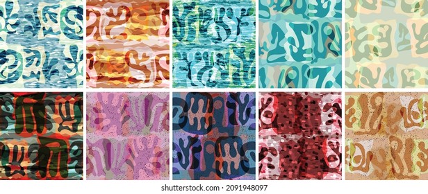 Vector seamless pattern set. Organic Matisse shapes. Natural earthy color floral underwater life. Abstract seaweed camouflage background. Trendy floating wavy geometry. Random layered hand drawn art.
