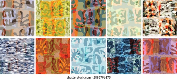 Vector seamless pattern set. Organic Matisse shapes. Natural earthy color floral underwater life. Abstract seaweed camouflage background. Trendy floating wavy geometry. Random layered hand drawn art.