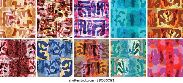 Vector seamless pattern set. Organic Matisse shapes. Natural earthy color floral underwater life. Abstract seaweed camouflage background. Trendy floating wavy geometry. Random layered hand drawn art.
