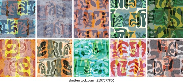 Vector seamless pattern set. Organic Matisse shapes. Natural earthy color floral underwater life. Abstract seaweed camouflage background. Trendy floating wavy geometry. Random layered hand drawn art.