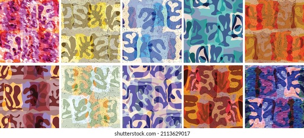 Vector seamless pattern set. Organic Matisse shapes. Natural earthy color floral underwater life. Abstract seaweed camouflage background. Trendy floating wavy geometry. Random layered hand drawn art.