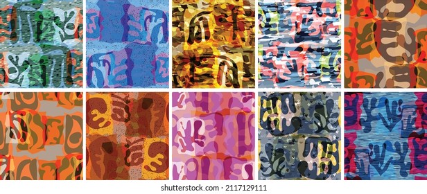 Vector seamless pattern set. Organic Matisse shapes. Natural earthy color floral underwater life. Abstract seaweed camouflage background. Trendy floating wavy geometry. Random layered hand drawn art.
