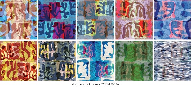 Vector seamless pattern set. Organic Matisse shapes. Natural earthy color floral underwater life. Abstract seaweed camouflage background. Trendy floating wavy geometry. Random layered hand drawn art.
