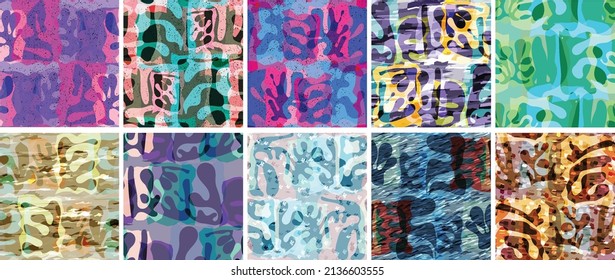 Vector seamless pattern set. Organic Matisse shapes. Natural earthy color floral underwater life. Abstract seaweed camouflage background. Trendy floating wavy geometry. Random layered hand drawn art.