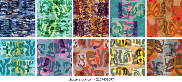 Vector seamless pattern set. Organic Matisse shapes. Natural earthy color floral underwater life. Abstract seaweed camouflage background. Trendy floating wavy geometry. Random layered hand drawn art.