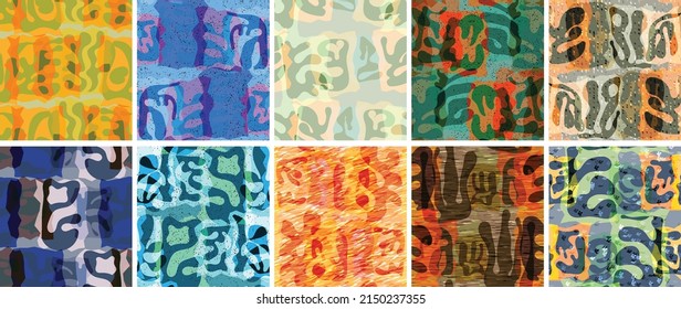 Vector seamless pattern set. Organic Matisse shapes. Natural earthy color floral underwater life. Abstract seaweed camouflage background. Trendy floating wavy geometry. Random layered hand drawn art.