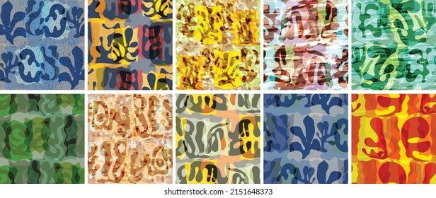 Vector seamless pattern set. Organic Matisse shapes. Natural earthy color floral underwater life. Abstract seaweed camouflage background. Trendy floating wavy geometry. Random layered hand drawn art.