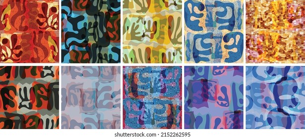 Vector seamless pattern set. Organic Matisse shapes. Natural earthy color floral underwater life. Abstract seaweed camouflage background. Trendy floating wavy geometry. Random layered hand drawn art.